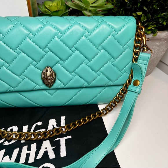 Kurt Geiger Long Kensington Quilted Leather Shoulder Bag Turquoise NWT - Picture 7 of 14